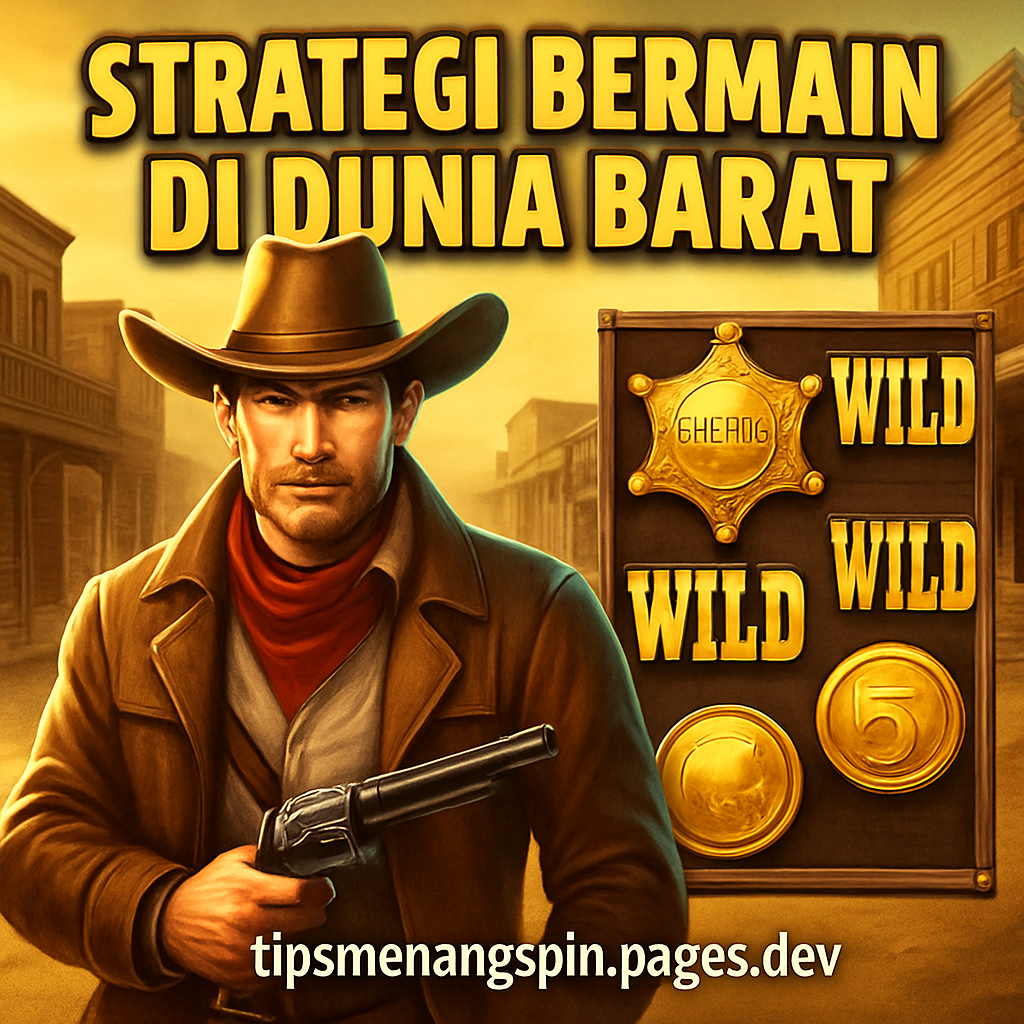 Ilustrasi koboi bertema Wild West dengan latar kota barat dan simbol wild di papan permainan – strategi bermain di tipsmenangspin.pages.dev