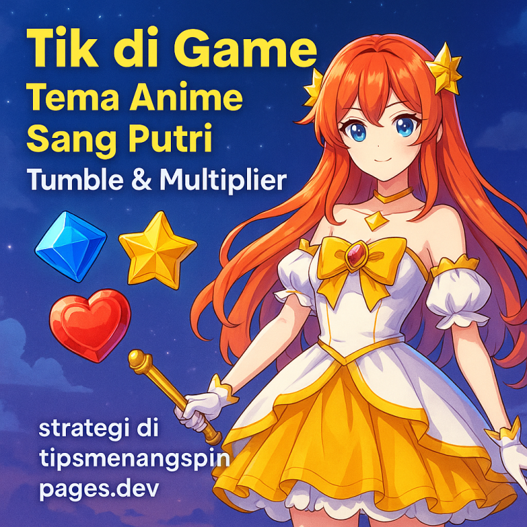 Ilustrasi digital sang putri anime dengan latar malam bertabur bintang, memegang tongkat sihir dan dikelilingi ikon permata – strategi Tumble & Multiplier di tipsmenangspin.pages.dev