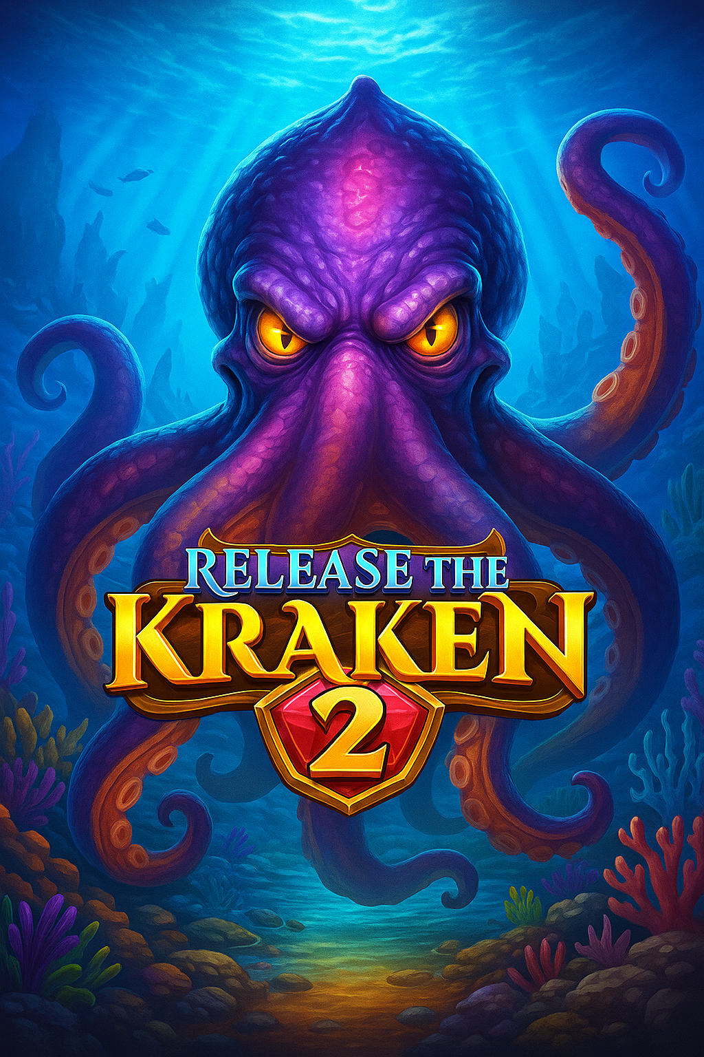 Ilustrasi digital monster laut Kraken ungu dengan mata kuning menyala di dasar laut, dikelilingi terumbu karang dan tulisan Release The Kraken 2 berwarna emas.