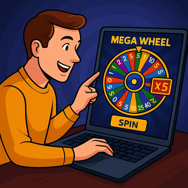 Ilustrasi pria muda bermain Mega Wheel digital di laptop, menunjuk roda angka warna-warni dengan tombol SPIN dan pengganda x5 di layar.