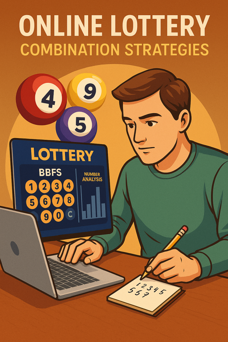 Ilustrasi digital bertema lotre online, menampilkan pria muda yang tersenyum sambil memegang tiket BBFS berwarna cerah.