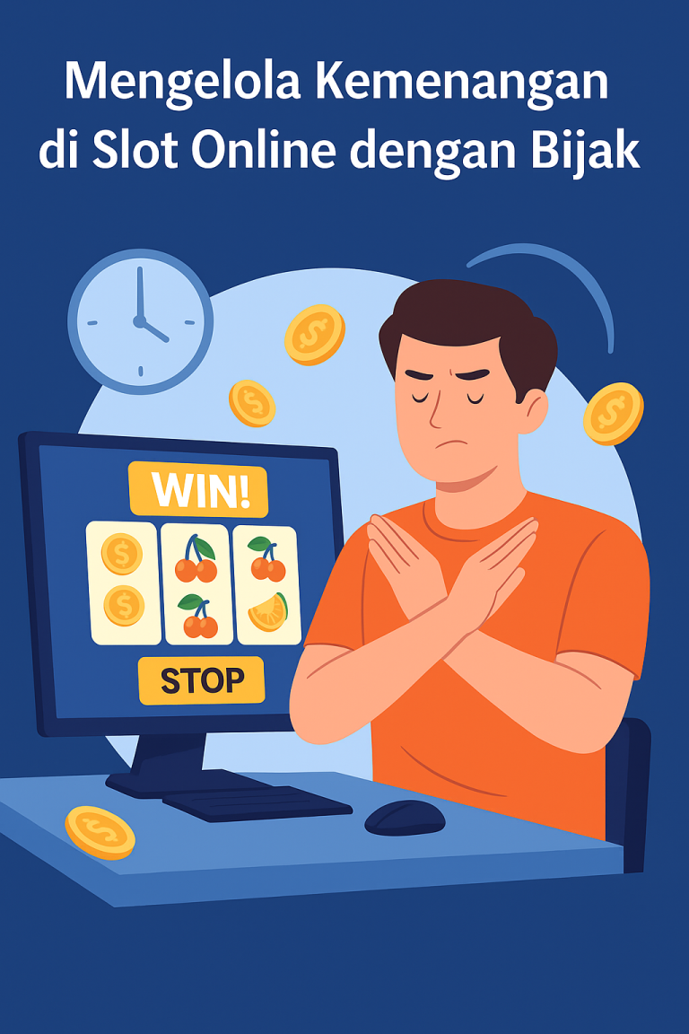 Ilustrasi digital menunjukkan pemain yang berhenti bermain slot online setelah menang, dengan layar menampilkan simbol kemenangan dan tombol stop.