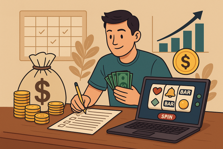 Seorang pria mencatat strategi pengelolaan uang sambil memegang uang tunai di depan laptop dengan tampilan game digital dan grafik keuangan di sekitarnya.