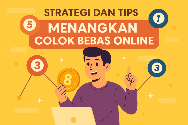 Ilustrasi digital datar bertema lotere online menampilkan elemen colok bebas dengan warna-warna cerah dan latar belakang biru