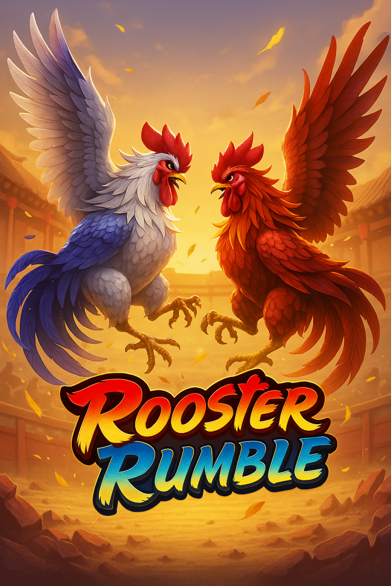 Ilustrasi digital Rooster Rumble menampilkan dua ayam jago bertarung di arena tradisional dengan latar matahari terbenam.