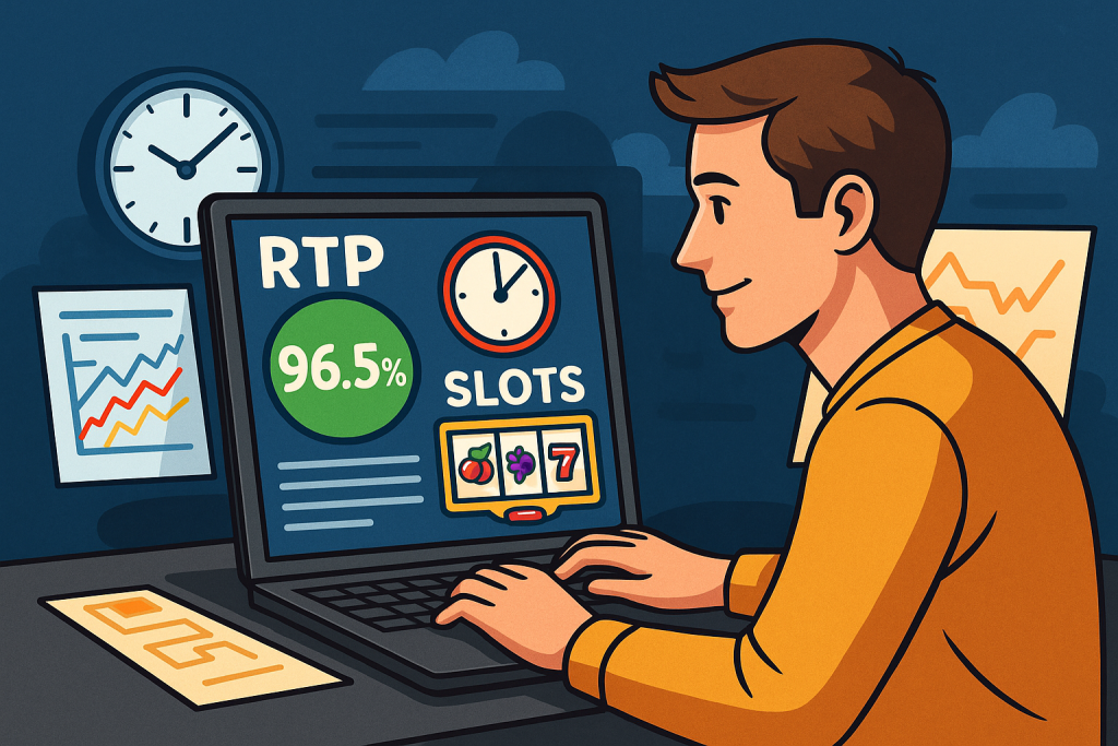 Seorang pria fokus menganalisa data RTP dan waktu terbaik bermain game digital di layar laptop dengan grafik dan simbol slot di sekelilingnya.