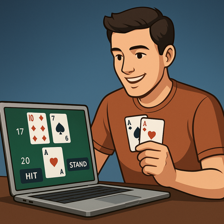 Ilustrasi pria muda tersenyum sambil memainkan game kartu 21 digital di laptop, dengan tampilan kartu dan tombol "HIT" serta "STAND" yang jelas di layar.