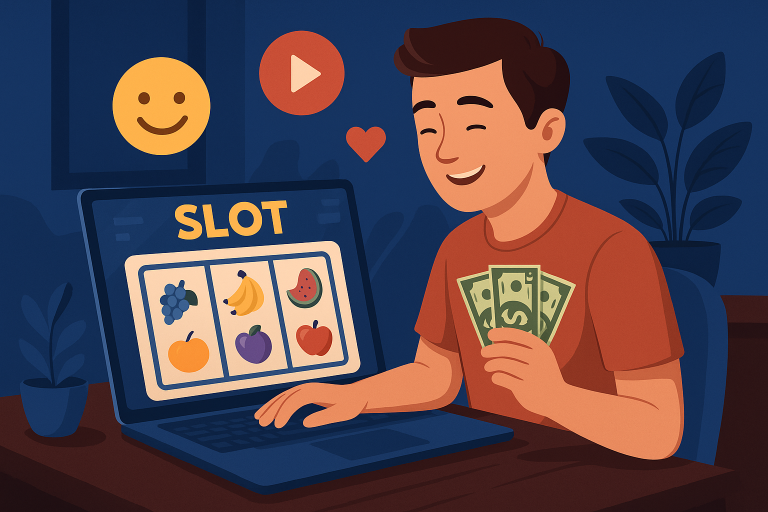 Ilustrasi pria muda tersenyum sambil memainkan game bertema buah di laptop dan memegang uang tunai, menggambarkan hiburan digital yang menyenangkan.
