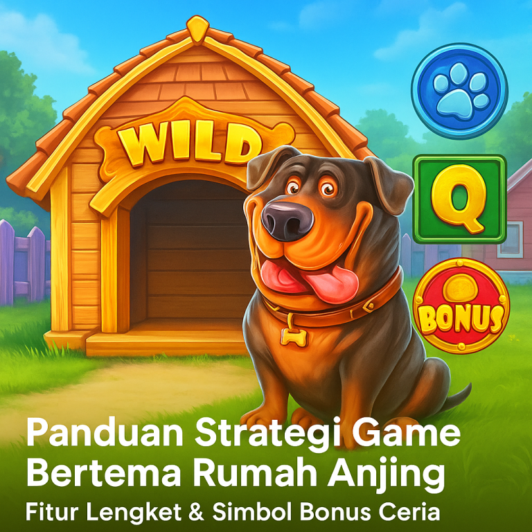 Ilustrasi kartun anjing rottweiler ceria duduk di depan rumah kayu bertuliskan “WILD”, dikelilingi ikon bonus berwarna cerah – panduan strategi permainan bertema hewan di tipsmenangspin.pages.dev