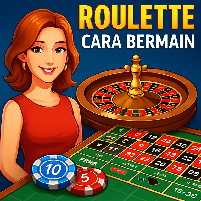 Ilustrasi digital permainan roulette online dengan wanita ramah dan roda permainan klasik di latar belakang, cocok sebagai banner panduan bermain