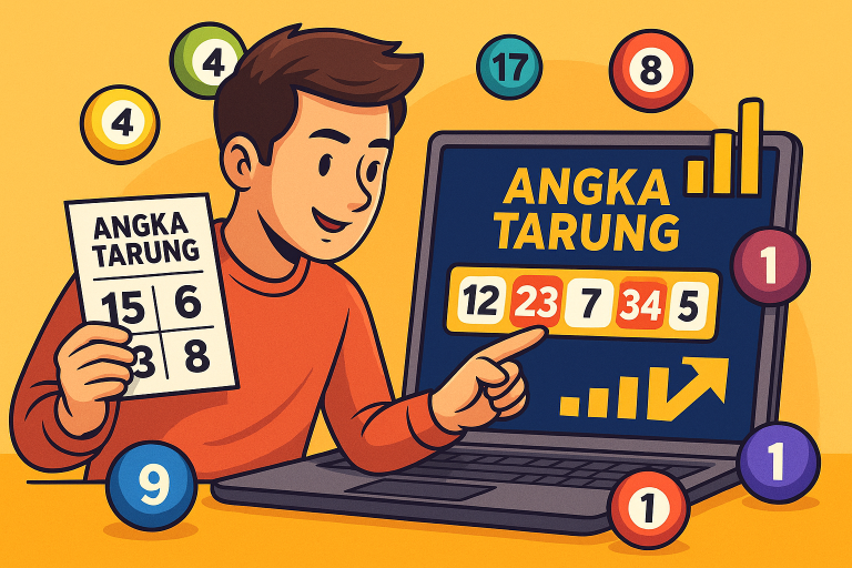 Ilustrasi digital berwarna menunjukkan pria muda duduk di depan layar komputer sambil meneliti angka-angka togel, dengan tampilan grafik dan angka bertebaran di latar belakang.