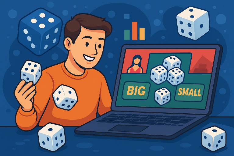 lustrasi pria muda bermain game dadu digital di laptop dengan tombol BIG dan SMALL, sambil memegang dadu dan tersenyum, menggambarkan strategi bermain angka real-time secara interaktif.
