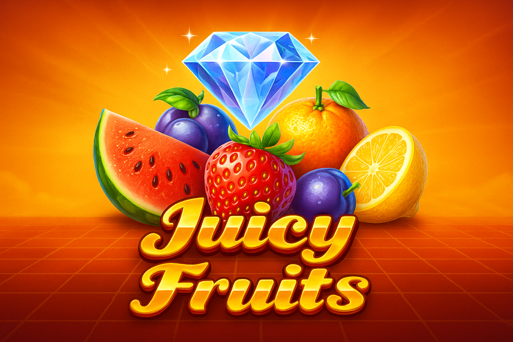 Ilustrasi digital menampilkan buah-buahan segar seperti semangka, stroberi, lemon, dan jeruk dengan simbol scatter berlian di atasnya serta tulisan Juicy Fruits berwarna emas.