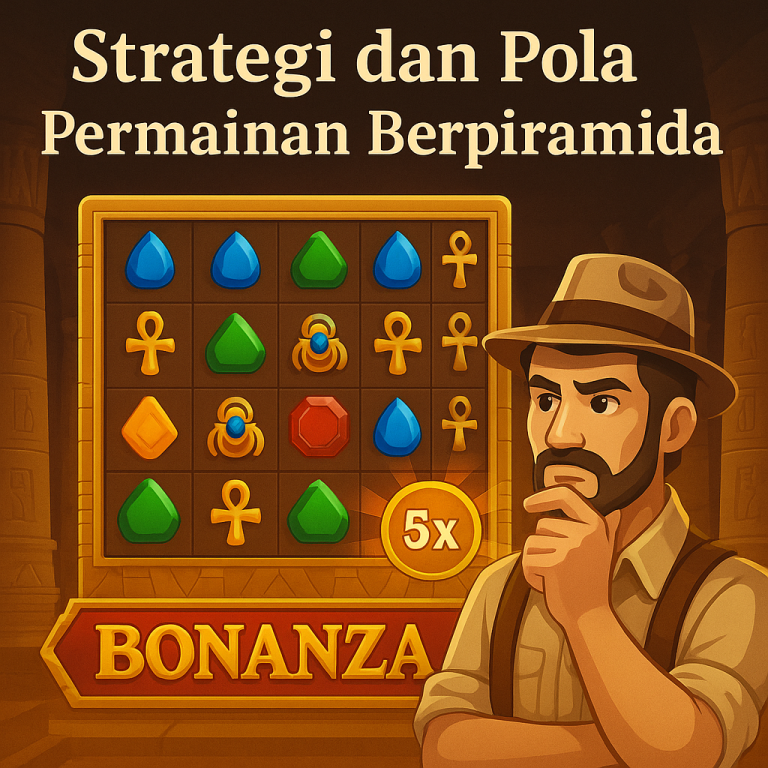 Ilustrasi digital menampilkan strategi dan pola permainan slot pyramid bonanza dengan simbol Mesir kuno dan pengganda 5x.