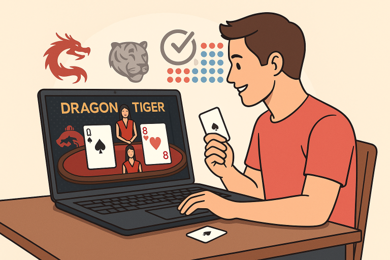 Seorang pria fokus bermain game kartu dua sisi secara live di laptop, dengan dealer digital dan pilihan kartu Dragon dan Tiger di layar.