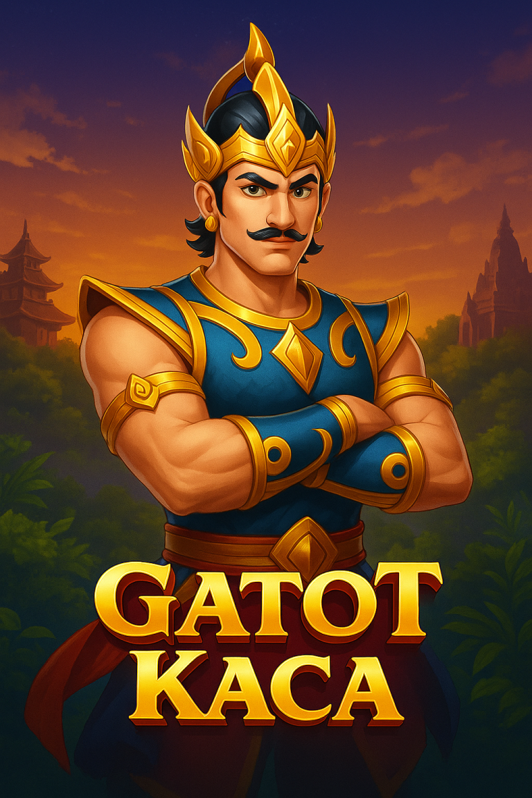 Ilustrasi digital Gatot Kaca dengan baju zirah emas dan biru, berdiri gagah di depan latar senja dengan arsitektur khas Asia Tenggara.
