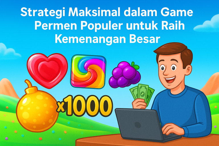 lustrasi strategi bermain game permen berwarna dengan simbol pengali x1000 dan pemain memegang uang di depan laptop.