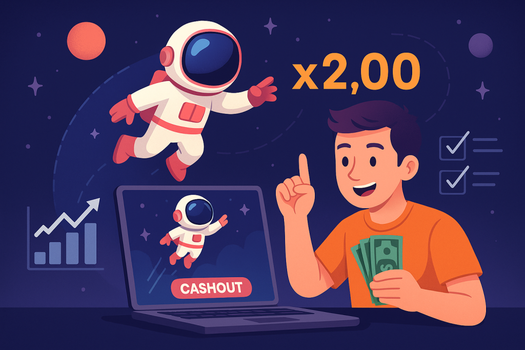 Ilustrasi pemain muda bermain game astronaut digital di laptop, dengan tombol cashout dan simbol x2.00, menggambarkan strategi menang di permainan multiplier