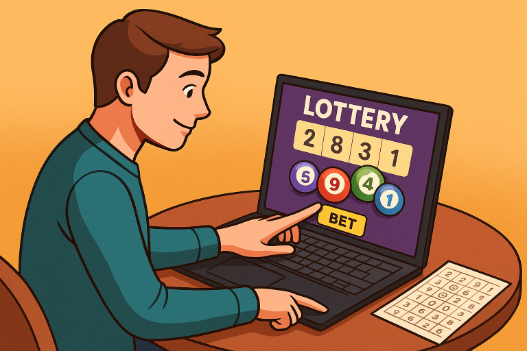 Ilustrasi digital seorang pria muda sedang mencatat angka di laptop sambil memeriksa tabel data keluaran togel dan grafik peluang di layar.
