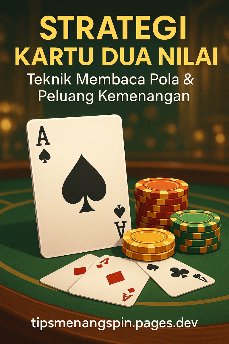 Ilustrasi digital meja permainan kartu dengan Ace of Spades dan tumpukan chip berwarna-warni, menampilkan strategi bermain game dua nilai dengan latar suasana kasino yang elegan.