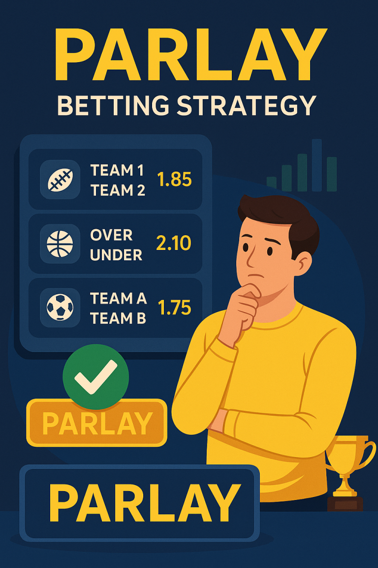 Ilustrasi digital berwarna menampilkan strategi taruhan parley dengan daftar pertandingan olahraga, odds, dan pemain yang berpikir sebelum memilih kombinasi taruhan.