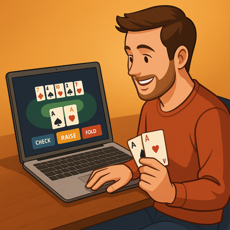 Ilustrasi digital seorang pria muda sedang bermain poker online di laptop, memegang dua kartu As dan memilih tombol "RAISE" di layar dengan tampilan meja poker dan kartu komunitas.