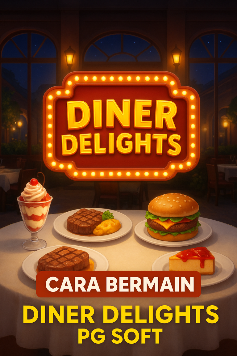 Ilustrasi digital slot Diner Delights PG Soft dengan nuansa restoran mewah dan makanan lezat