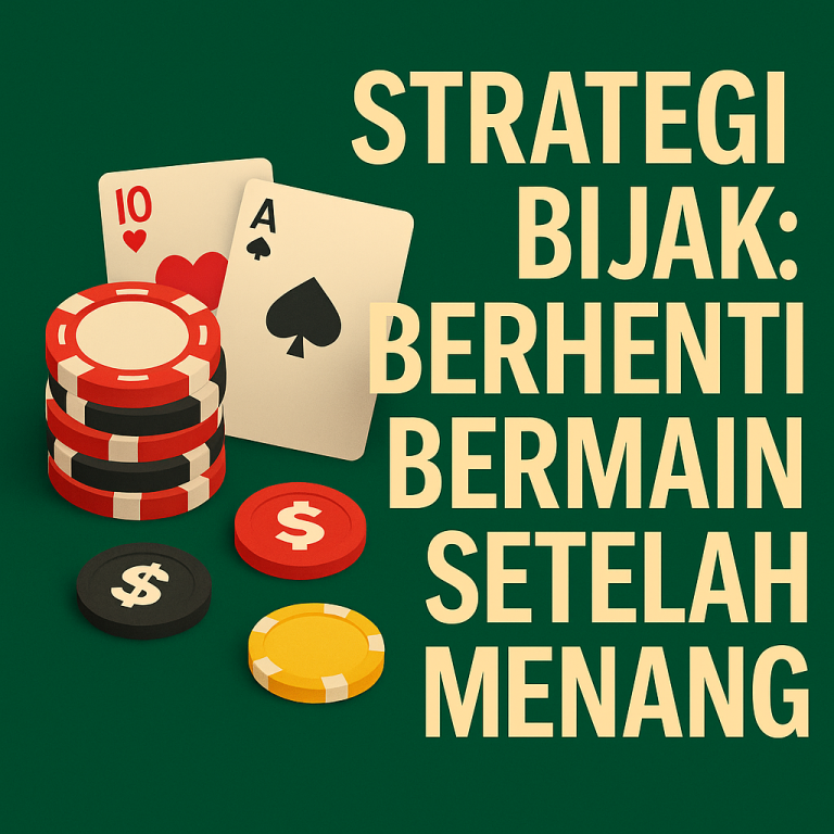 strategi bijak berhenti bermain setelah menang, menampilkan kartu as dan sepuluh hati dengan tumpukan chip kasino di atas latar hijau, serta teks besar berwarna emas