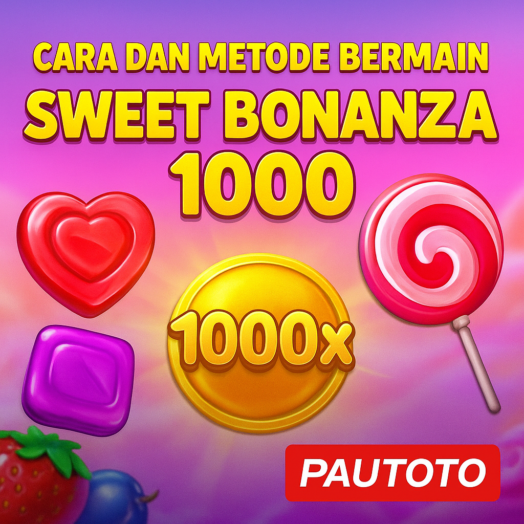 Ilustrasi promosi Sweet Bonanza 1000 dengan tema permen warna-warni, simbol buah, dan latar cerah untuk situs PAUTOTO