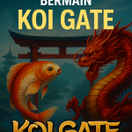 Ilustrasi slot KOI GATE dengan ikan koi dan naga merah berlatar gerbang torii khas Jepang, menggambarkan tema budaya oriental dalam permainan slot online.