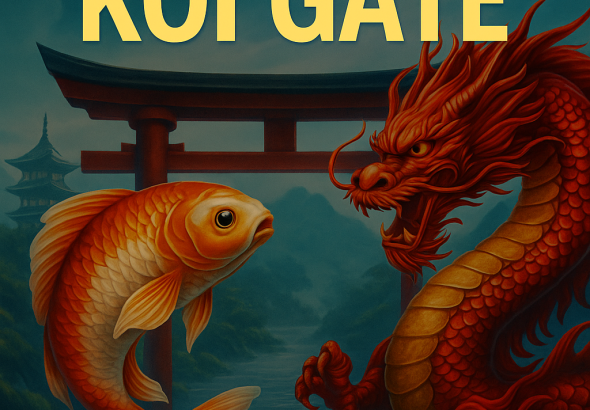 Ilustrasi slot KOI GATE dengan ikan koi dan naga merah berlatar gerbang torii khas Jepang, menggambarkan tema budaya oriental dalam permainan slot online.