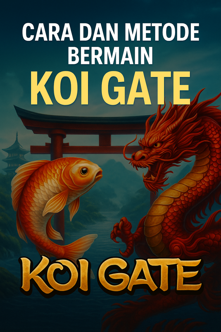 Ilustrasi slot KOI GATE dengan ikan koi dan naga merah berlatar gerbang torii khas Jepang, menggambarkan tema budaya oriental dalam permainan slot online.