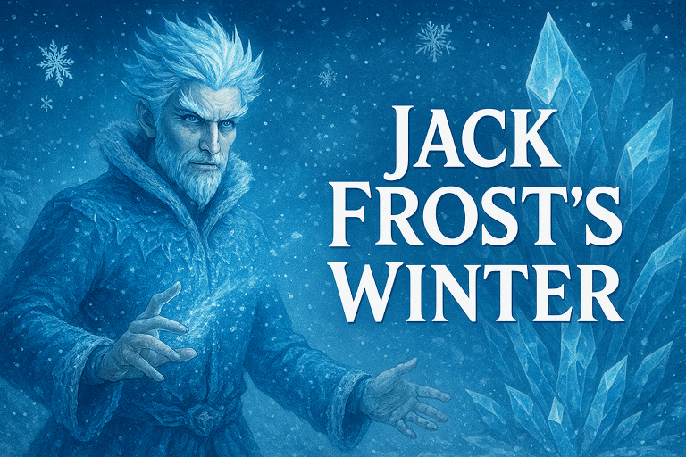 Ilustrasi Jack Frost dengan nuansa musim dingin, es, dan salju, menampilkan teks Jack Frost's Winter