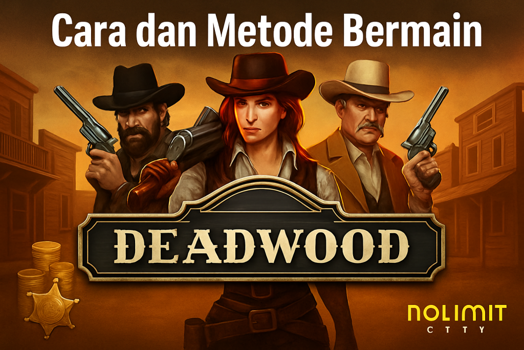 lustrasi digital promosi permainan slot Deadwood Nolimit City dengan nuansa koboi dan senjata api, menampilkan simbol bonus dan nuansa barat liar.