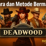 lustrasi digital promosi permainan slot Deadwood Nolimit City dengan nuansa koboi dan senjata api, menampilkan simbol bonus dan nuansa barat liar.