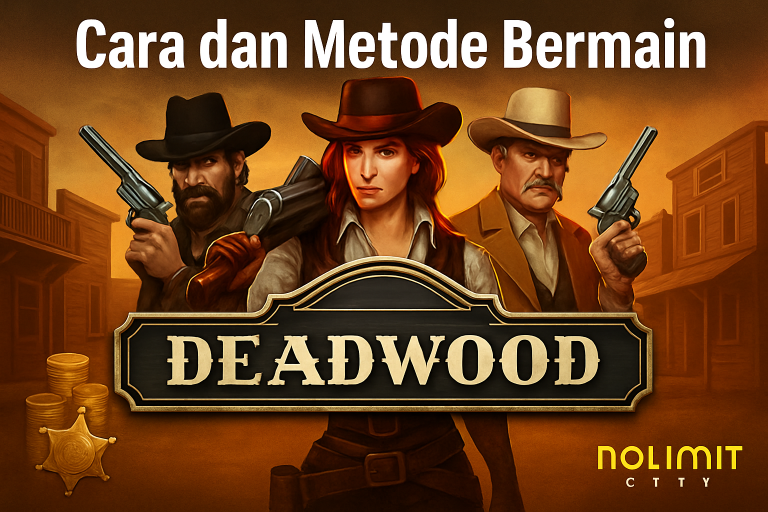 lustrasi digital promosi permainan slot Deadwood Nolimit City dengan nuansa koboi dan senjata api, menampilkan simbol bonus dan nuansa barat liar.