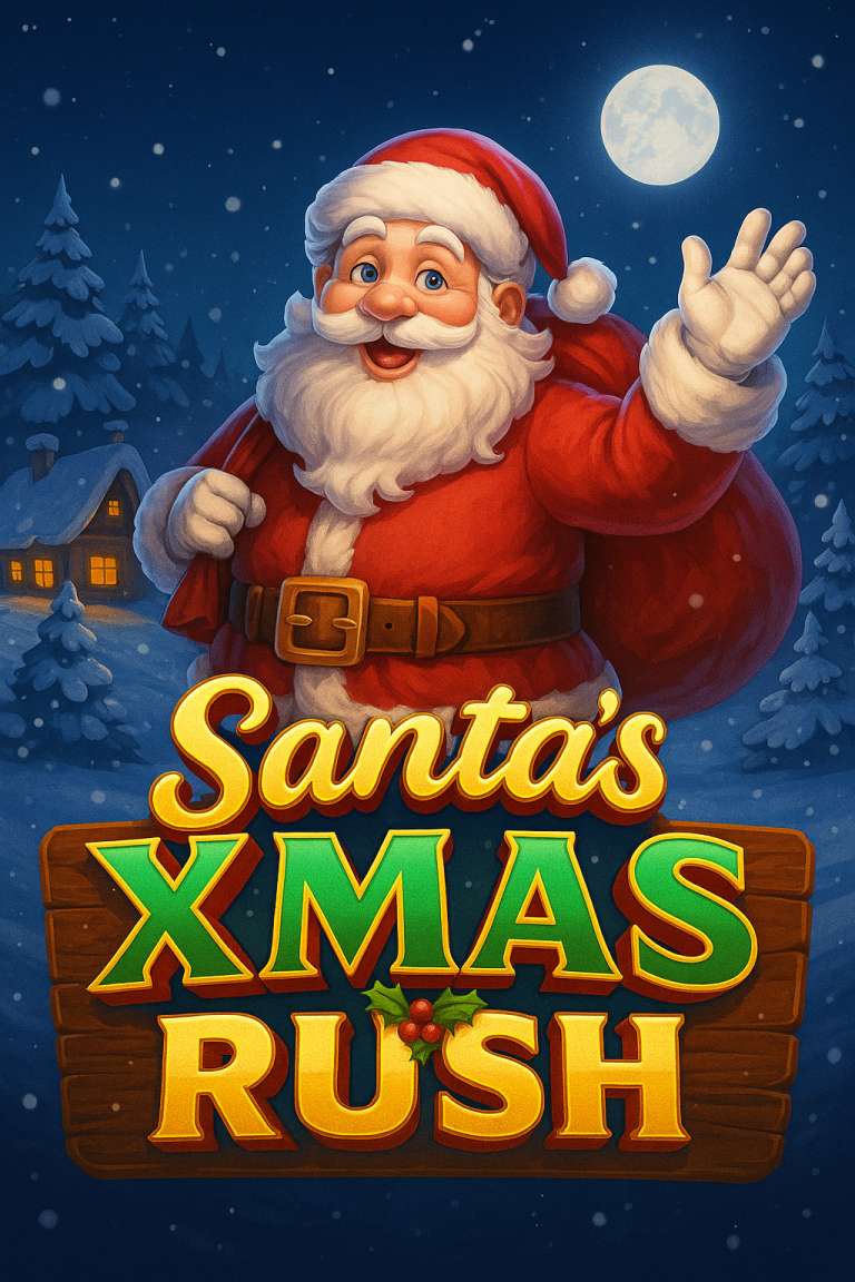 Ilustrasi digital Santa Claus ceria di malam bersalju, mempromosikan permainan slot Santa’s Xmas Rush dengan suasana Natal penuh hadiah.