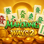 Ilustrasi promosi permainan slot Mahjong Ways 2 dengan tema oriental dan simbol emas mengkilap
