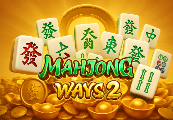 Ilustrasi promosi permainan slot Mahjong Ways 2 dengan tema oriental dan simbol emas mengkilap
