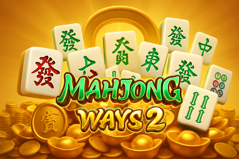 Ilustrasi promosi permainan slot Mahjong Ways 2 dengan tema oriental dan simbol emas mengkilap