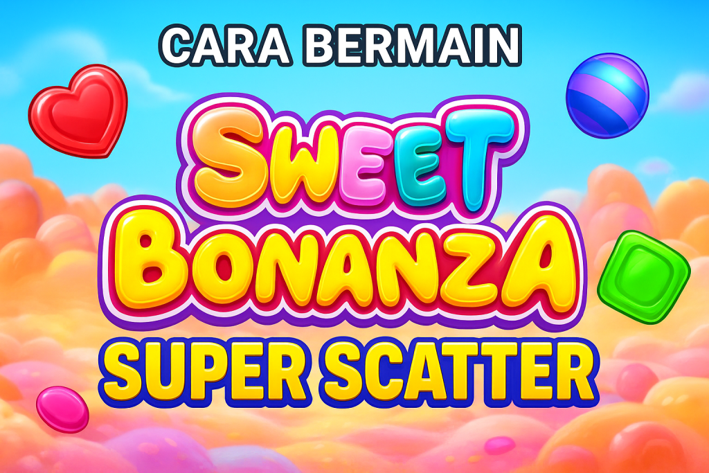 Ilustrasi Sweet Bonanza Super Scatter, slot online bertema permen warna-warni dengan jackpot besar di situs PAUTOTO.