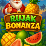 Ilustrasi digital slot Rujak Bonanza menampilkan Santa Claus dengan jempol terangkat, serta buah tropis seperti nanas, mangga, jambu, dan semangka, berlatar suasana tropis penuh warna.