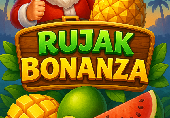 Ilustrasi digital slot Rujak Bonanza menampilkan Santa Claus dengan jempol terangkat, serta buah tropis seperti nanas, mangga, jambu, dan semangka, berlatar suasana tropis penuh warna.