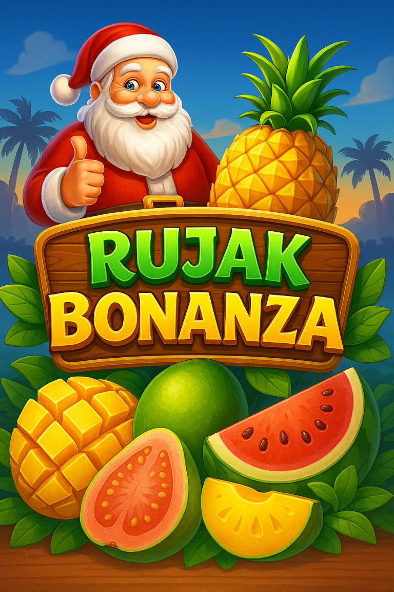 Ilustrasi digital slot Rujak Bonanza menampilkan Santa Claus dengan jempol terangkat, serta buah tropis seperti nanas, mangga, jambu, dan semangka, berlatar suasana tropis penuh warna.