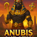 Ilustrasi digital slot Anubis Wrath bergaya Mesir kuno menampilkan dewa Anubis dengan latar piramida, matahari terbenam, dan simbol permata serta salib emas.