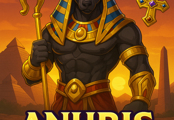 Ilustrasi digital slot Anubis Wrath bergaya Mesir kuno menampilkan dewa Anubis dengan latar piramida, matahari terbenam, dan simbol permata serta salib emas.