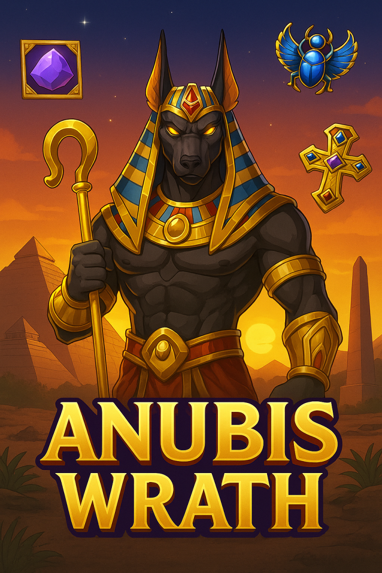 Ilustrasi digital slot Anubis Wrath bergaya Mesir kuno menampilkan dewa Anubis dengan latar piramida, matahari terbenam, dan simbol permata serta salib emas.