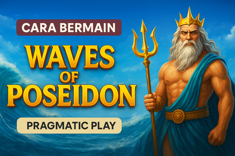 "Ilustrasi digital promosi slot online Waves of Poseidon dari Pragmatic Play dengan nuansa laut biru dan Dewa Poseidon memegang trisula."