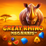 Ilustrasi digital promosi game slot Great Rhino Megaways dengan latar safari dan simbol badak emas.
