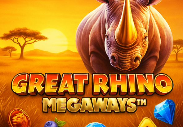 Ilustrasi digital promosi game slot Great Rhino Megaways dengan latar safari dan simbol badak emas.